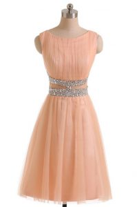 New Style Scoop Peach Sleeveless Knee Length Beading Zipper Prom Dresses