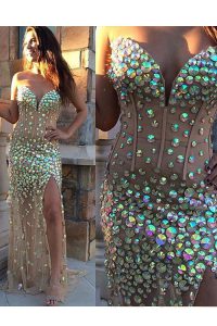 Champagne Sleeveless Brush Train Beading With Train Dress for Prom