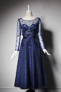 Elegant Scoop Navy Blue A-line Beading and Hand Made Flower Womens Party Dresses Zipper Tulle Long Sleeves Tea Length