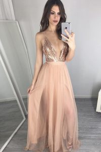 V-neck Sleeveless Prom Gown Floor Length Sequins and Pleated Peach Tulle