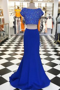 Great Elastic Woven Satin Short Sleeves With Train Prom Evening Gown Sweep Train and Beading