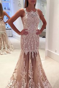 Mermaid Scoop Champagne Sleeveless Sweep Train Lace and Appliques Prom Dress