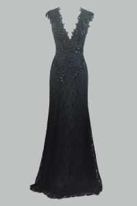 Black V-neck Zipper Beading and Lace Prom Party Dress Cap Sleeves