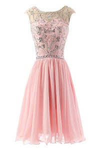 Best Scoop Sleeveless Zipper Tea Length Beading Dress for Prom
