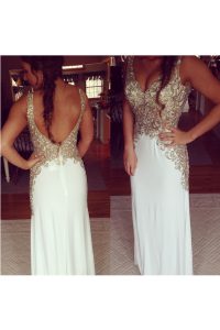 White Sleeveless Embroidery Floor Length Prom Gown