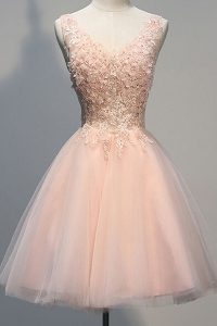 Smart Peach Zipper V-neck Appliques Prom Evening Gown Tulle Sleeveless