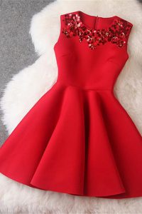 Modern Scoop Red Zipper Prom Gown Beading Sleeveless Knee Length