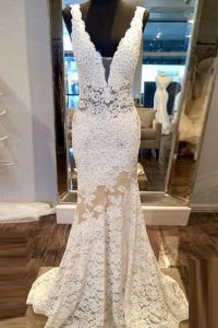 Lovely Sweep Train Mermaid Prom Evening Gown White V-neck Lace Sleeveless Zipper