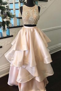 Delicate A-line Prom Gown Peach Scoop Satin Sleeveless Floor Length Zipper