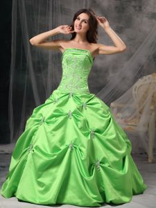 Strapless Spring Green Quinceanera Dres with Appliques and Pick-ups