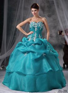 New Teal Sweetheart Organza Quinceanera Dress with Pick-ups and Appliques