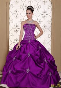 Purple Strapless Ball Gown Sweet 16 Dress with Beading and Pick-ups