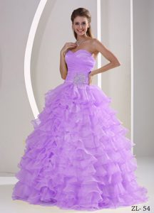 Lavender Sweetheart Long Ruched Beaded Sweet 16 Dress with Ruffles
