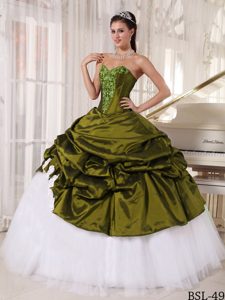 Olive Green and White Tulle Appliqued Quinceanera Dress with Pick-ups