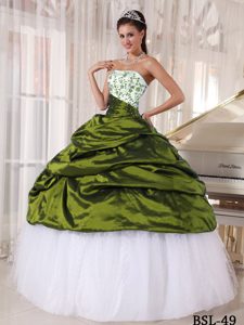 Olive Green and White Strapless Embroidered Quinceanera Dress with Pick-ups