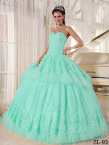 Cheap Apple Green Sweetheart Layered Lace Quinceanera Dress with Appliques