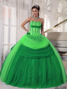 Nice Tow-toned Green Strapless Drapped Tulle Quinceanera Dress with Beading