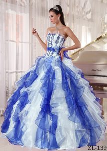 Blue and White Flounced Strapless Quinceanera Dress with Ruffles and Flower