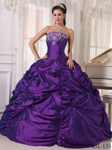 Dark Purple Strapless Quinceanera Dress with Pick-ups and Appliques