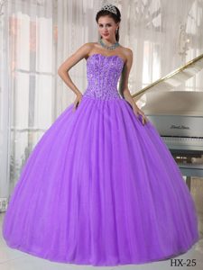 Purple Sweetheart Ball Gown Tulle Quinceanera Dress with Beading for Cheap