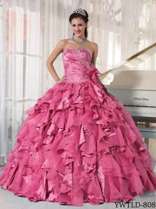 Rose Pink Ruched Strapless Beaded Sweet 15 Dresses with Ruffles and Flowers