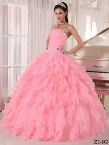 Chic Watermelon Strapless Organza Sweet 16 Dress with Appliques and Ruffles
