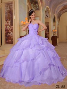 Lavender Sweetheart Ruched Beaded Quinceanera Dress with Layers and Flower
