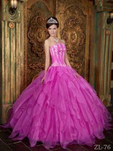 Hot Pink Strapless Ball Gown Quinceanera Dresses with Ruffles and Appliques
