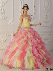 Cute Multi-colored Strapless Organza Sweet 16 Dress with Ruffles and Flowers