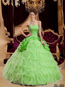 Popular Spring Green Strapless Quinceanera Dresses with Ruffles and Pick-ups