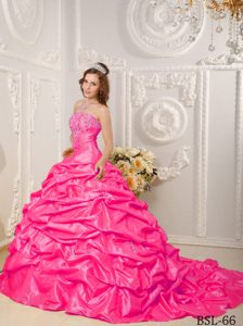 Hot Pink Strapless Brush Train Beaded Sweet 16 Dresses with Pick-ups