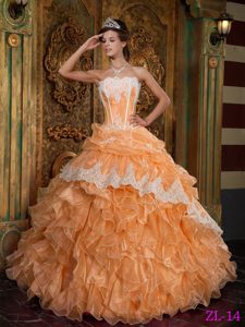 Orange Strapless Organza Ruffled Appliqued Quinceanera Dress with Pick-ups