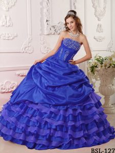 Royal Blue Strapless Layered Beaded Quinceanera Gown Dresses with Pick-ups
