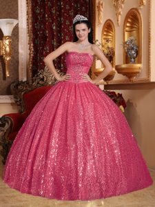 Cheap Coral Red Strapless Ball Gown Sequin Quinceanera Dress with Appliques