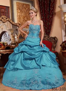 Teal Sweetheart Embroidered Quinceanera Dress with Pick-ups for Less