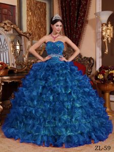 Royal Blue Sweetheart Ruched Ruffled Organza Quinceanera Dress with Beading