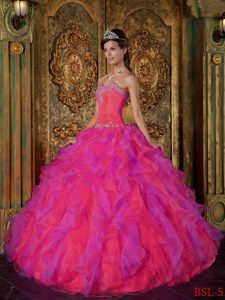 Sweetheart Ball Gown Hot Pink Quinceanera Dresses with Ruffles and Beading