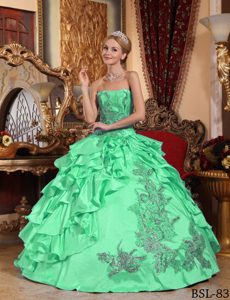 Apple Green Strapless Ball Gown Quinceanera Dress with Appliques and Ruffles