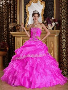 Hot Pink Strapless Ruffled Organza Sweet 16 Dress with Pick-ups and Applique