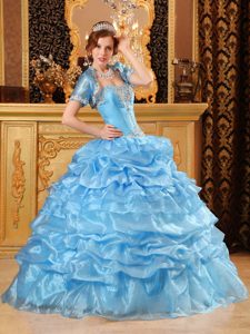 Sweetheart Appliqued Baby Blue Quinceanera Gown Dress with Ruffles and Jacket