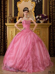 Rose Pink Sweetheart Organza Ball Gown Appliqued Quinceanera Dress on Sale