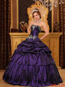Dark Purple Strapless Quinceanera Dress with Pick-ups and Appliques
