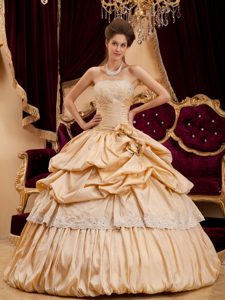 Champagne Strapless Quinceanera Dresses with Pick-ups and Flowers