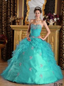 Sweetheart Turquoise Long Sweet 16 Dress with Appliques and Ruffles