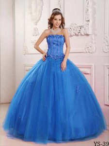 Sky Blue Strapless Ball Gown Tulle Quinceanera Dress with Beading for Cheap