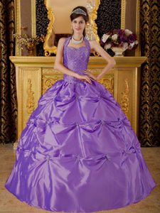 Purple Halter Ball Gown Quinceanera Dress with Pick-ups and Beading