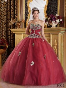 Best Seller Wine Red Sweetheart Tulle Quinceanera Gown Dresses with Appliques