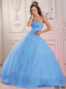 Baby Blue Sweetheart Long Tulle Sweet 16 Dress with Appliques on Sale