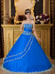 Blue Strapless Ball Gown Long Sweet 16 Dress with Appliques and Flower
