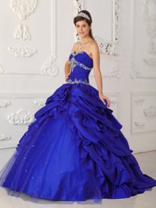 Royal Blue Sweetheart Ball Gown Dress for Quince with Pick-ups and Appliques